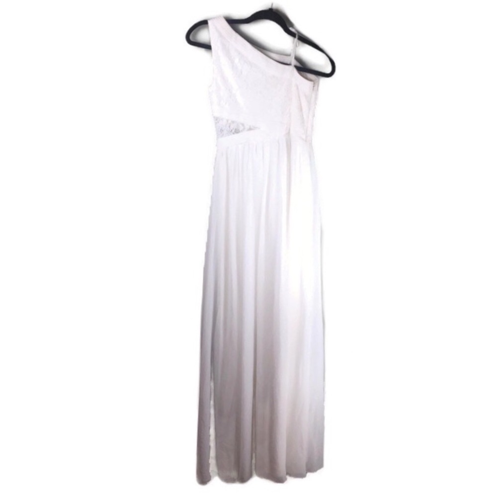 NWT Aidan Mattox Lace Peekaboo One Shoulder Chiffon Ivory Maxi Dress Size 0 - Picture 4 of 14